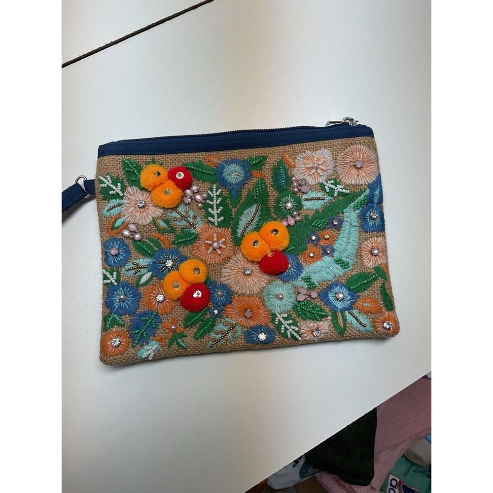 Krazy Kat Embroidered Canvas Clutch Beads Floral